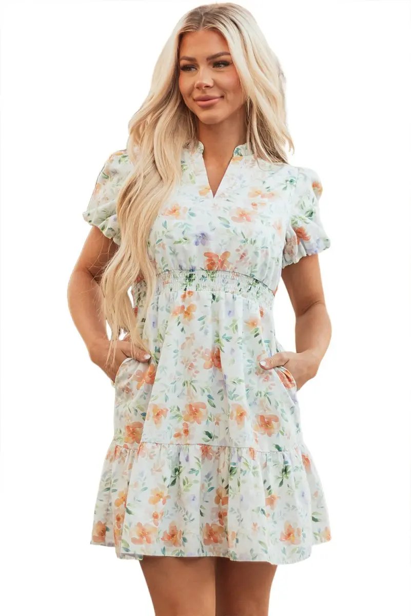 Beige Floral Print Shirred High Waist Puff Sleeve Mini Dress - Love Salve